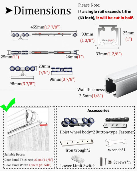 Dimensions and components of Heavy Duty Sliding Door Track Kit With Side Mounted Hardware For Barn Style Doors Soft Close Ready And Easy Install Commercial Grade Aluminum U Channel Rail Fits Doors 30 to 50 mm Thick Silver 90 cm 35.4 Inches 2.9 Feet.