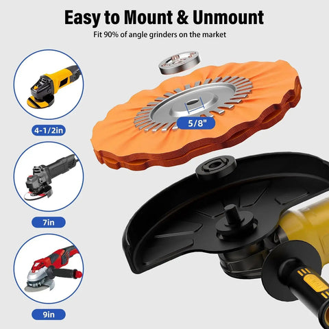 Pro Grade 8 Inch Buffing Wheel Polishing Kit For Four Point Five Inch Angle Grinder With Nine Pieces Includes Four Wheels And Five Aluminum Compound Bars Five Eighth Inch Arbor Car Metal And Paint Finishing For A Mirror Finish shown with orange wheel and grinder