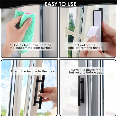 Installation guide for Self Adhesive Cabinet Handles Eight Pack ABS Plastic Drawer Pulls showing easy peel and stick process on glass door.