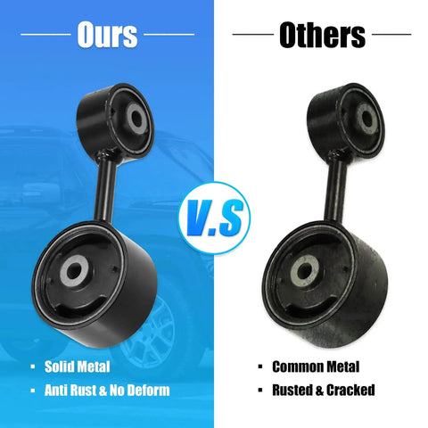 Comparison of two Torque Strut Front Engine Mounts for Toyota Camry 2.2L 1997-2001 and Solara 2.2L 1999-2001; solid vs rusted.