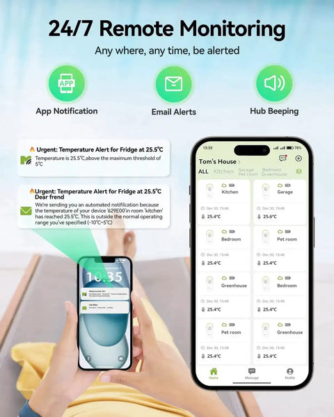 Phone displaying app for Long Range WiFi Remote Thermometer With Freezer Alarm And App And Email Alerts One Third Mile Range IP66.