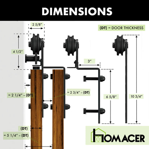 Dimensions diagram of Rustic Black Single Track Bypass Sliding Barn Door Hardware Kit For Double Doors 18 Foot Flat Track