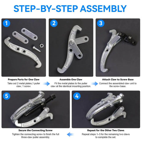 Step-by-step assembly of Three Piece Reversible Jaw Gear Extractor Set With 3, 4, 6 Inch Sizes showing parts and connection process.