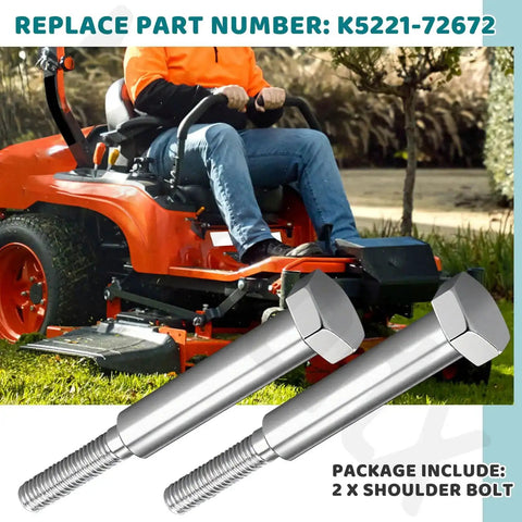 Beefy Shoulder Bolt Replacement For T GR G TG Series Lawn Tractors G2160 And Z Series Zero Turn Mowers ZD21 ZD25F ZD28 ZD28F 2 Pack K5221-72672 shown in package with zero turn mower