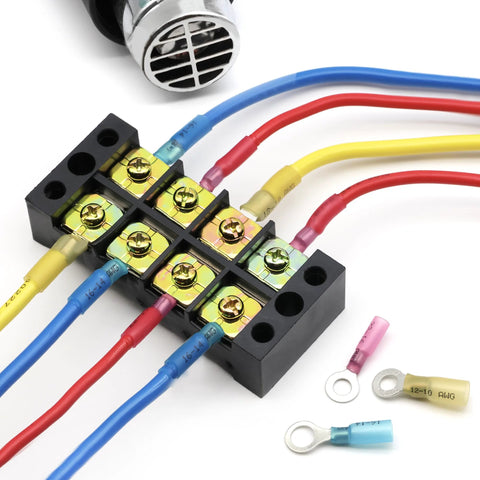 Front view of 600Pcs heat shrink wire connectors kit with color-coded terminals on a black block and crimp connectors