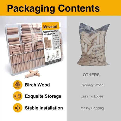260 Pcs Wooden Dowel Pins Set in Four Sizes with packaging contents, birch wood, exquisite storage, and stable installation features.