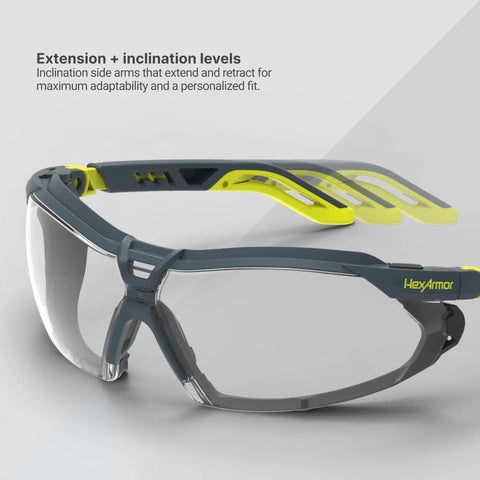 Safety Glasses With Removable Foam Gasket TruShield Anti Fog Adjustable Fit, side view showing extended adjustable arms