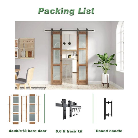 Double 18 By 84 Inch Glass Barn Doors With 36 Inch Opening, 6.6 Ft Beefed-Up Hardware Kit And Handle Included, installed view