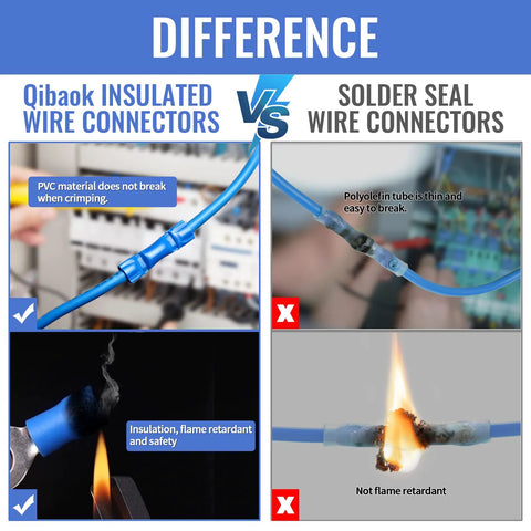 Qibaok insulated wire connectors kit with blue copper crimp terminals on a wire; comparison with solder-seal connectors.