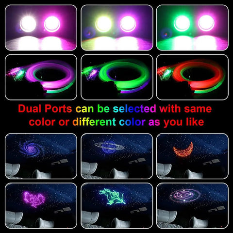 Dual Port Fiber Optic Light Kit For Cars And Homes With RGBW Sound Activated Heads, various light colors and ceiling effects.