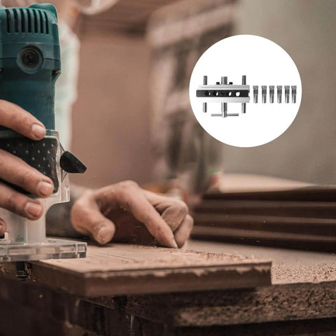 Person using Self Centering Dowel Drilling Locator Jig With Six Hardened Steel Bushings In One Quarter Five Sixteenths And Three Eighths Inch Precise Wood Doweling Drill Guide For DIY Woodworking Projects And Cabinet Assembly on wood.