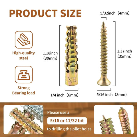 30 Packs Heavy Duty Hollow Wall Anchors With Screws 6x32mm Tree Shape Expanding Drywall Anchors for Drywall Concrete Brick Stucco and Wood Walls Plus Repair Kits for Loose Hinges and Stripped Holes, showing product size details.
