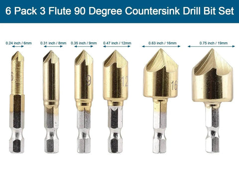 Six Piece Countersink Drill Bit Set With Three Flute 90 Degree Bits, Titanium HSS Chamfering Tools For Metal And Wood
