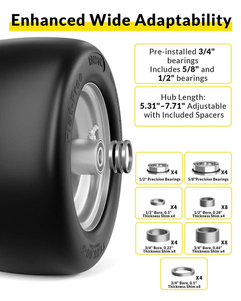 Flat Free 11x6.00-5 Lawn Mower Tire And Wheel Set For Zero Turn Mowers Built Tough For Lawn Work Front Tire And 400 Lb Load