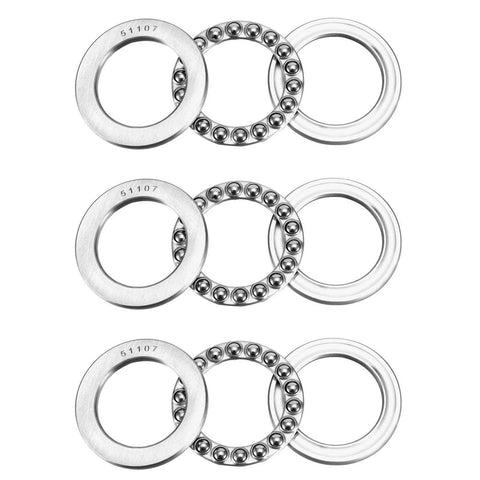 Three 51107 thrust ball bearings in steel with inner and outer rings and balls; 35mm bore, 52mm OD, 12mm wide.
