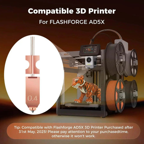 Upgraded 0.4mm Metal Hot End Nozzles Kit For 3D Printers showing nozzle details with Flashforge AD5X in background