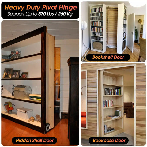 Hidden Door Pivot Hinge System For Bookshelf And Secret Doors With 360 Degree Rotation installed in bookshelf door