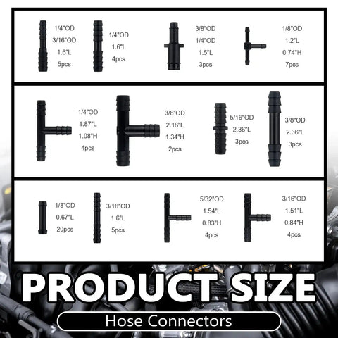 Silicone Vacuum Hose Kit For Cars Six Sizes From 1/8 To 3/8 Inch With 64 Connectors And 24 Clamps 94 Piece Set connectors and sizes
