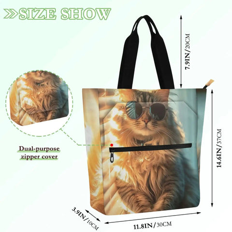 Dope Cat Sunglasses Print Tote Bag For Women And Kids Zipper Shoulder Bag Perfect For School Work Or Everyday Use Spacious Main Compartment Water Resistant Made From 100 Percent Polyester