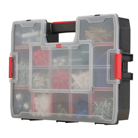 14 Compartment Storage Organizer With Removable Dividers For Customizable Small Parts And Tools Stackable With Side Latches And Interlocking Lid For Secure Transit Keeping Gear Neat Accessible And Grab And Go front view