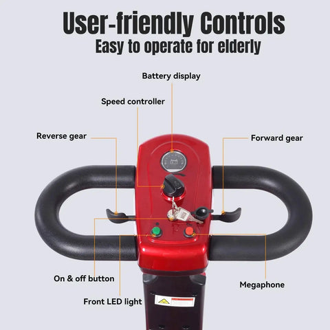 Front view of Movcan X-02 red mobility scooter control panel with black U-shaped handlebars and ignition key.