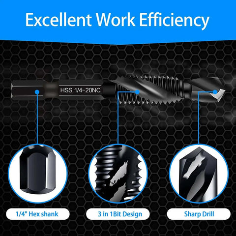 6 Pack Combination Drill And Tap Bit Set For SAE Threads 6-32, 8-32, 10-32, 10-24, 12-24, 1/4-20 With Anti Rust Black Coating, 1/4 Inch Hex Shank