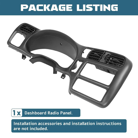Front view Dash Radio Bezel Cover Black ABS For 1998 To 2004 Chevy S10 Blazer GMC Jimmy showing complete panel.
