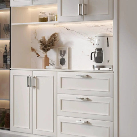 White kitchen cabinets with Brushed Nickel Cabinet Pulls Set Of 30 3-3/4 Inch Square Drawer Handles for elegant modern design
