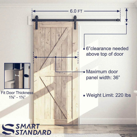 Heavy Duty Sliding Barn Door Hardware Kit For 6-Foot Track System With Smooth Quiet Glide For 36-Inch Doors installed on wood door