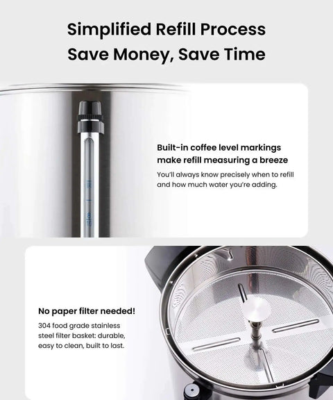Massive 18 Liter Commercial Coffee Urn And Hot Beverage Dispenser Stainless Steel Percolator Maker interior with markings and metal basket
