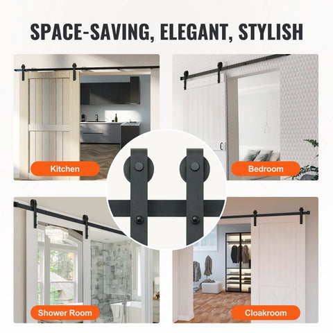 Eight Foot Sliding Barn Door Hardware Kit With 330 Lbs Capacity installed in kitchen, bedroom, shower room, and cloakroom.