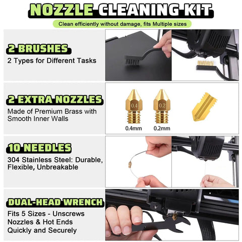 All In One 3D Printer Tools Kit 34 Pieces For FDM And SLA Printers Includes Nozzle Cleaning Needles Scrapers Finishing Tools Files Brushes Wire Cutter Engraving Knife And Multifunction Wrench To Speed Up Your Build - kit components on display