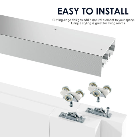 60 Inch Bypass Sliding Door Hardware Kit for Closets and Living Spaces, 5ft Double Track System, silver aluminum rail close-up view