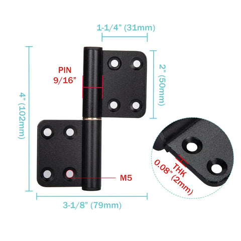 Six Pack 4 Inch Lift Off Flag Hinges Black Anodized Aluminum Removable Door Hinges With Lubricated Pins Screws Not Included RoHS Compliant For Quiet Smooth Door Operation Mozcorn, dimensions labeled.