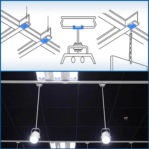 Diagram and installed view of 12 Pack Spring Steel T Bar Ceiling Clips For 15 To 16 Inch T Grid Drop Ceilings Wing Nut Twist Mounting Clips Quick No Drill Setup Easy Tool Free Installation For Light Fixtures And Electrical Fixtures.