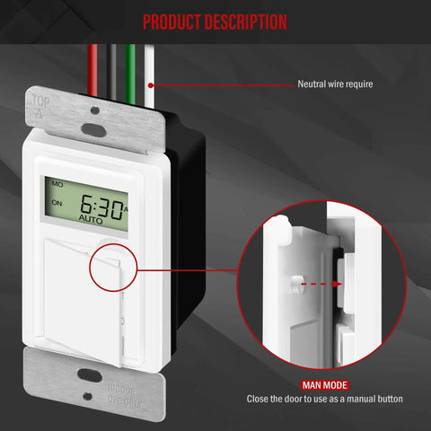 Close-up of No-Fuss Programmable Digital Timer Switch For Lights, Fans, And Motors, UL Listed, HET01-C, showing manual button.