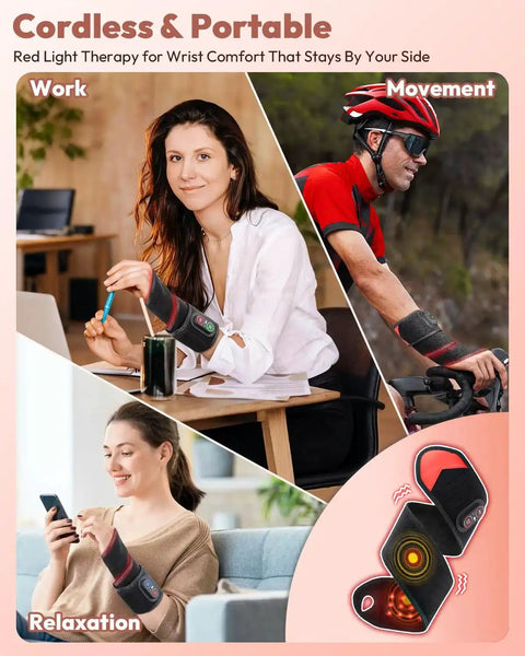 Collage showing No Cords Red Light Therapy Wearable Wrist Massager in use at work, during cycling, and relaxing at home.