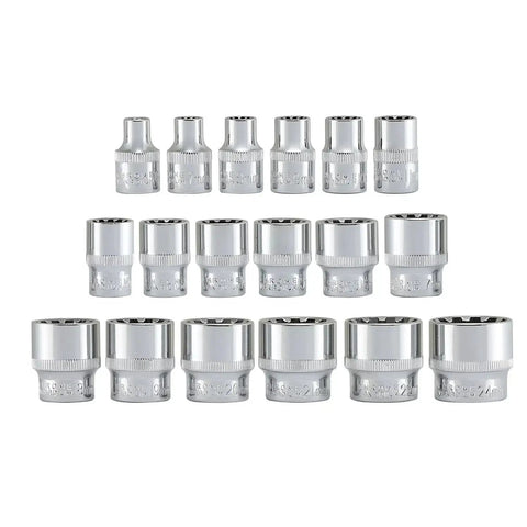 Three Eighths Drive Universal Socket Set 18 Piece Spline And SAE Metric Works On 6 Point 12 Point And Spline Fasteners Plus Square And ETorx
