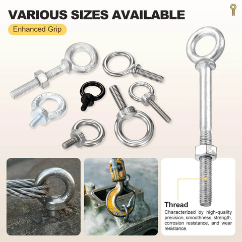 Various sizes of heavy duty half inch by six inch carbon steel eye bolt with lifting ring for industrial and marine use.