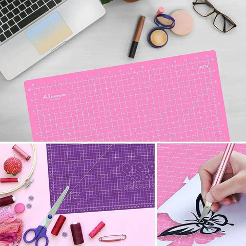 Pink and purple Thickened Self Healing Cutting Mat 18x12 Inch A3 Rotary Cutting Sewing Mat Double Sided 5 Ply Pro Grade Craft Surface in use