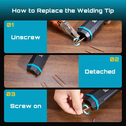 Steps to replace welding tip on Rechargeable Cordless Battery Spot Welder With Visual Display 3360W Max Power 1-99 Gear Settings Copper Tips