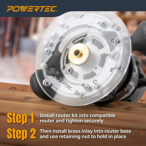 Top view of brass inlay router kit with bushing guide and alignment pin for precise woodworking by POWERTEC with instructions.