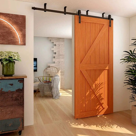 Ceiling Mount Sliding Barn Door Hardware Kit For Low Ceiling Spaces With L Shape Bracket System Fits 36 Inch Wide Single Wood Doors Heavy Duty Carbon Steel Hangers Supports Up To 220 Lb Per Door installed in living room