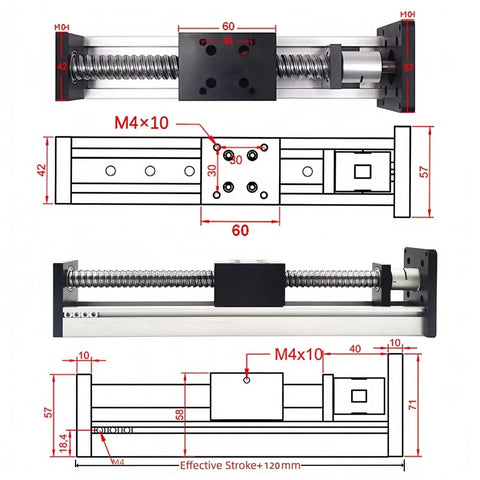 Technical diagram of 4 Inch Stroke Linear Stage With 1605 Ballscrew And Mini Single Linear Guide Rail for DIY CNC setup.