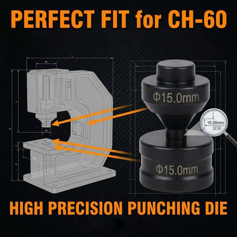 High precision 15mm punching die set for CH-60 machines, black cylinders with marked diameter, suitable for industrial use.