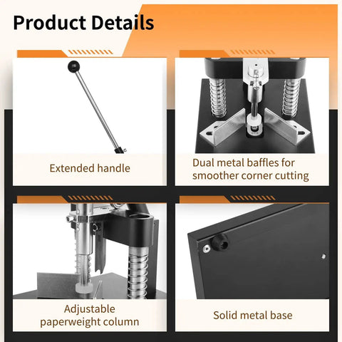 Product details of Hand Operated Corner Rounder Cutter with R6 and R10 Dies showing handle, baffles, paperweight column, and metal base.