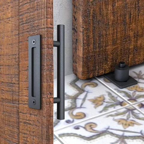 Heavy Duty Sliding Barn Door Hardware Kit in Black with Industrial Wheel Hangers, Includes Pull Handle Set and Floor Guide installed