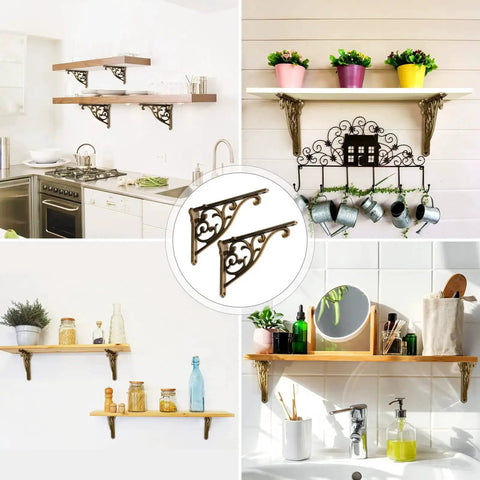 8 Inch Heavy Duty Antique Brass Shelf Brackets Set Of 4 For Wall Mounted Shelves Victorian Baroque Style in kitchen decor