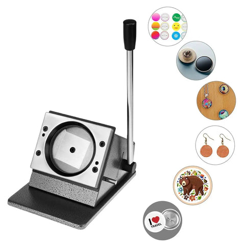 3 Inch Button Paper Cutter And Badge Die Cutter for DIY Stamps and Card Buttons, heavy-duty metal cutter with precise steel blade, shown with 75mm projects