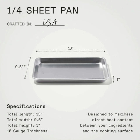 Quarter Sheet Pan For Home And Pro Kitchens, Commercial Grade Aluminum, 9.5 by 13 inches, one inch deep, displayed with specifications.
